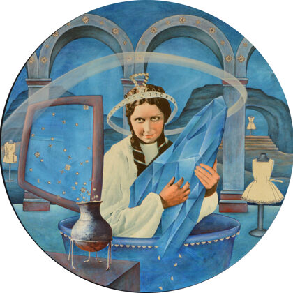 „Burvju mākslinieku brīnumvalstī “. 
2015. 
Kolāža, akrils, finieris. 
Ø 49 cm x 1,2 cm