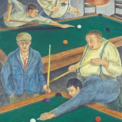 „Die Billardspieler“.
2004.
Öl, Pastellkreide auf Leinwand, 
110 x 90 cm
