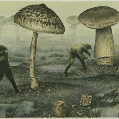 „Gehen wir an die Waldarbeit“. 2018. Collage, Mischtechnik, Papier. 19 x 29 cm