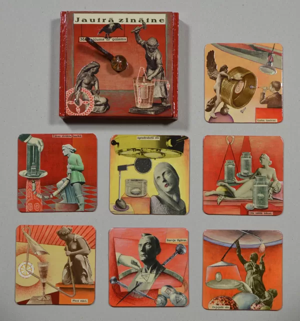 „Jautrā zinātne“.
2012.Kolāža, akrilkrāsa, akrillaka, kartons. Katrs 10 x 10 cm.