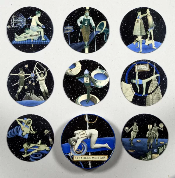 "Pasaules meistari". 
2012. 
Kolāža, akrilkrāsa, akrillaka, kartons. 
katrs Ø 10,0 cm