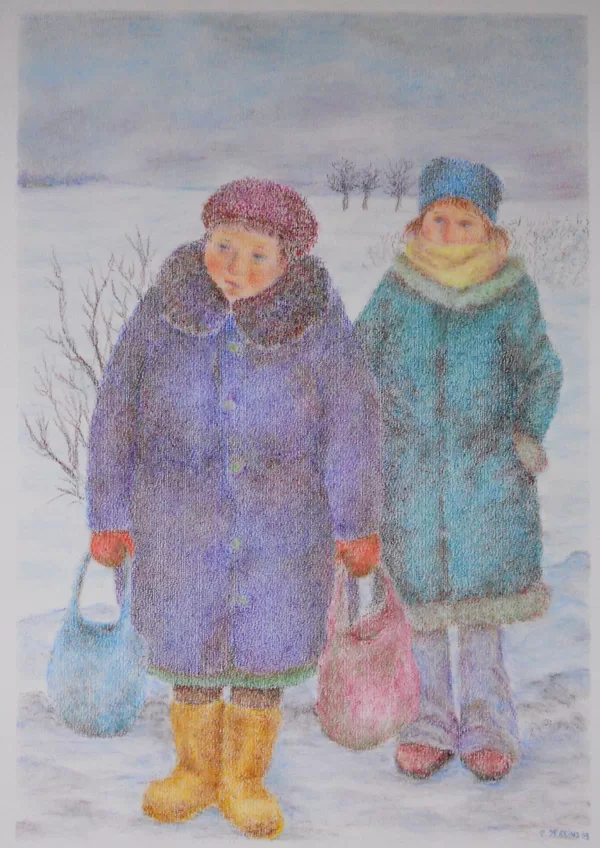 "An der Bushaltestelle". 2003. Pastellkreide, Farbstift, Papier.