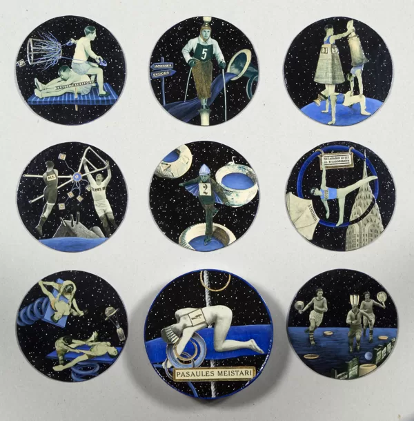 „Weltmeister“. 2012. Collage, Acrylfarbe, Acryllack, Karton. Je Ø 10,0 cm