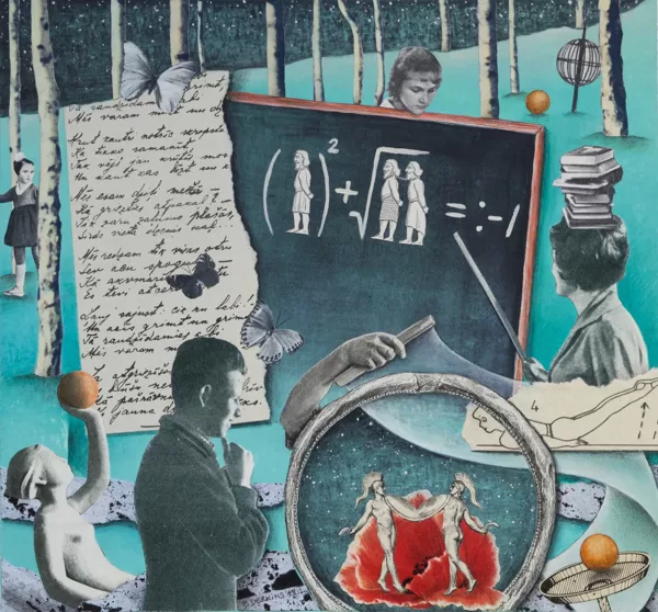 „Schulzeit“. 
2013. 
Collage und Mischtechnik auf Papier. 
21,3 x 23,5 cm
