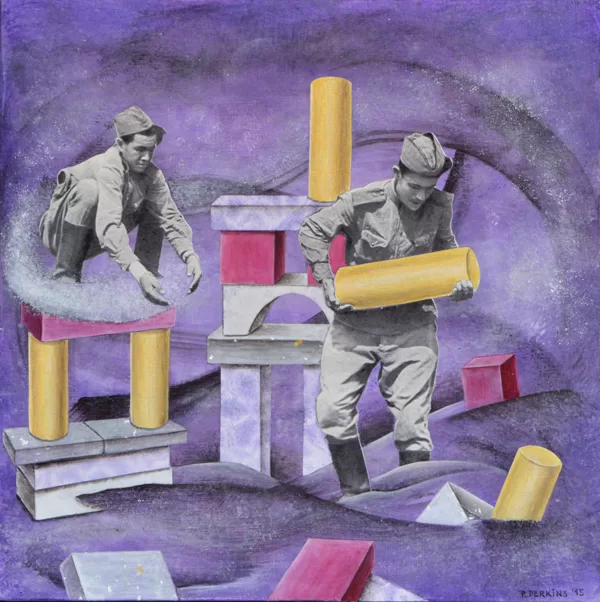„Leben nach dem Tod: Ernstes Spiel“. 2015. Collage, Acryl, Lack, Sperrholz.
24x 24x 1,2 cm