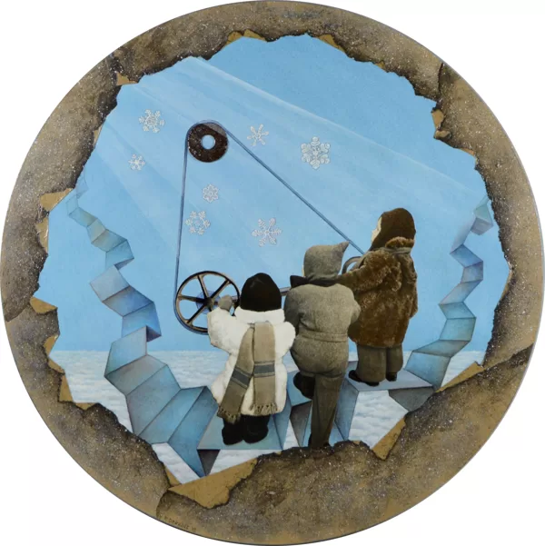 "Über den Woken“. 
2015. 
Collage, Acrylfarbe, Acryllack, Sperrholz.
Ø 49 cm x 1,2 cm